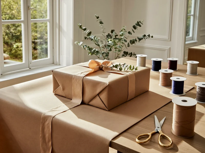Heller Verpackungstisch am Fenster mit halb eingeschlagenem Geschenk, Kraftpapier, Bandspulen und Eukalyptuszweig