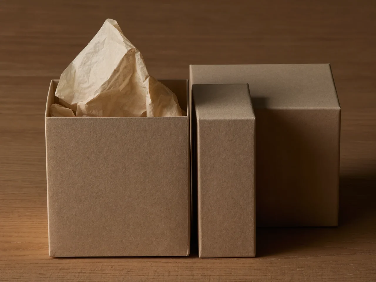 Drei Kraftboxen in abgestuften Größen, eine mit abgehobenem Deckel und Seidenpapier