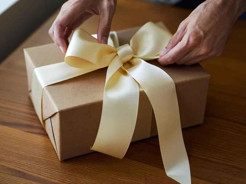 Hände binden eine cremefarbene Satinschleife um ein in Kraftpapier gewickeltes Geschenk