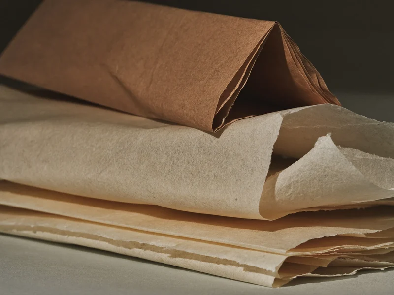 Makroaufnahme von Seidenpapier, Kraftpapierfasern und einer gefalteten Ecke im Streiflicht