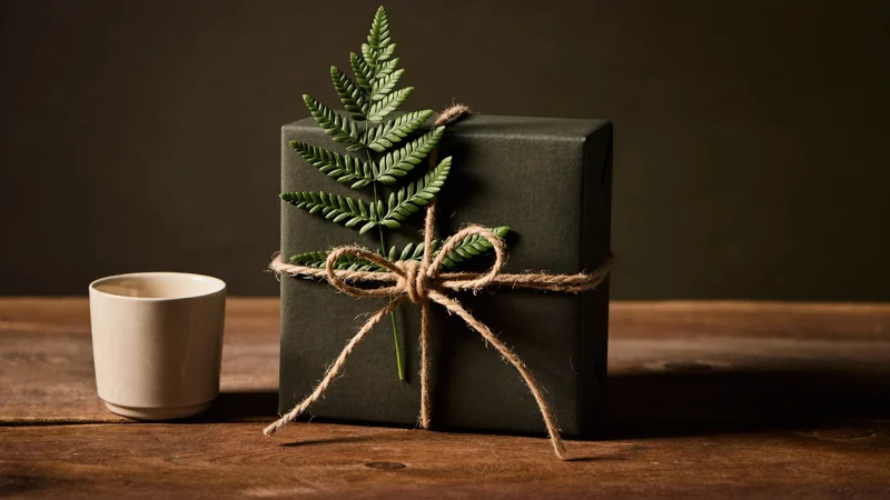 Fertig verpacktes Geschenk mit Jutegarn und Farnblatt neben einer Keramiktasse